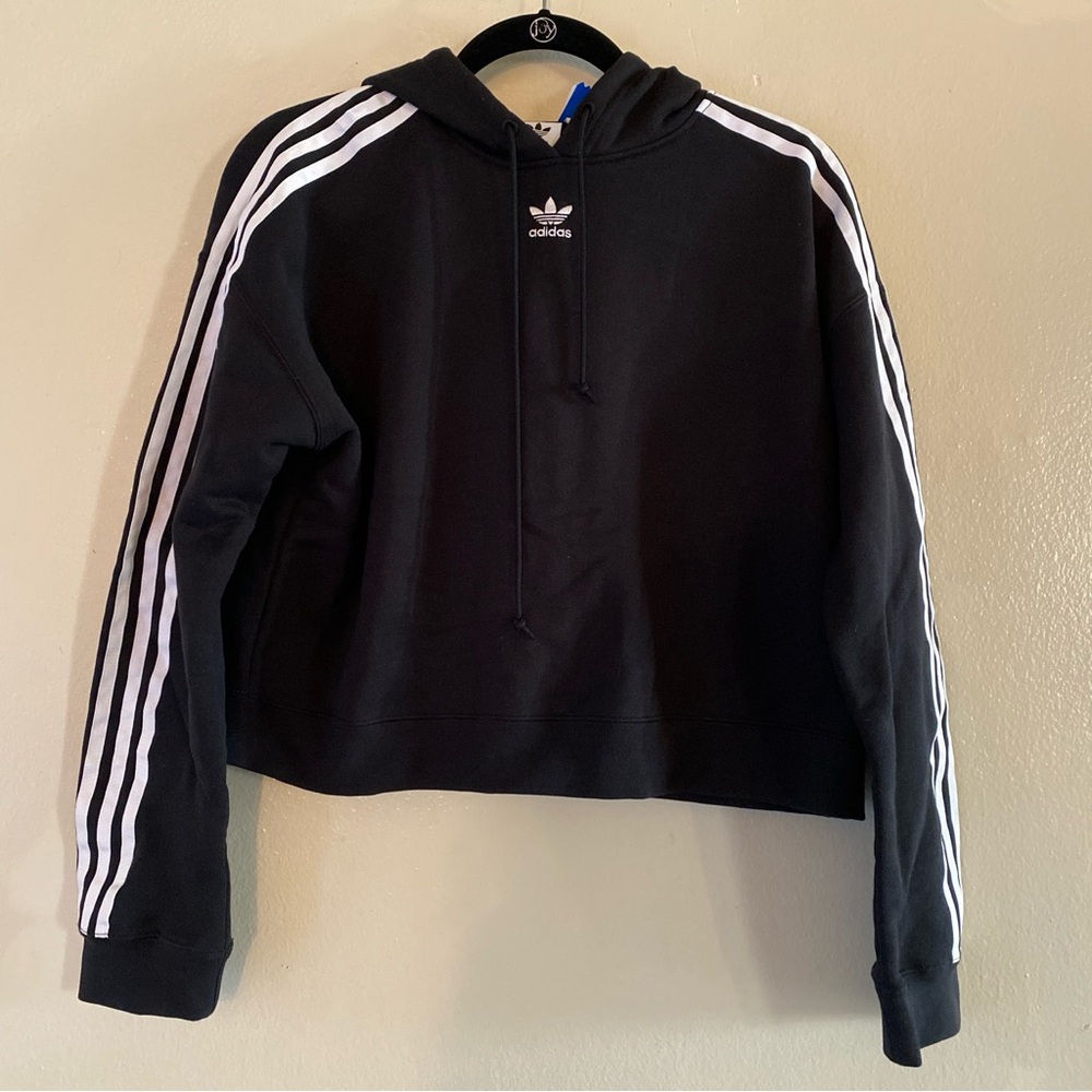 Adidas Black Cropped Hoodie with White Stripes
